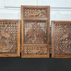 Vintage Beautifully Hand Carved Wood Panels Stamped India